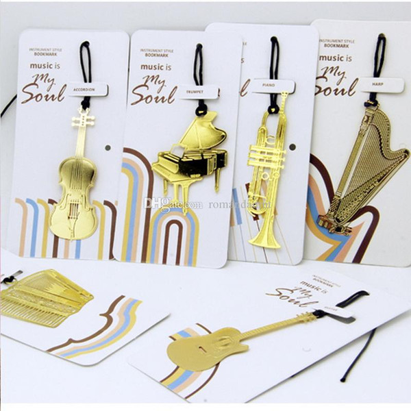 Wedding Favor Metal Musical Instruments Bookmark Gold Plated Lanyard Accordion Harp Trumpet Piano Violin Guitar Bookmarks DHL Free Shipping