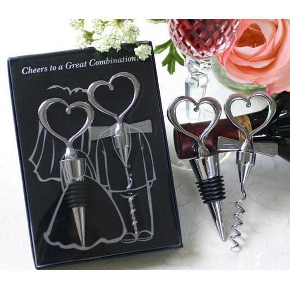 High Quality Love Heart Corkscrew Wine Bottle Opener + Wine Stopper Wedding Gift Favors Bottle Opener Set best for you