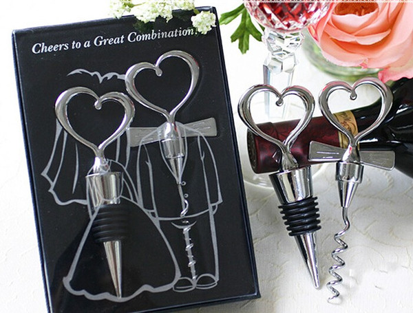 New 2016 Novelty Great Combination Wedding Favors Heart Wine Bottle Stopper Opener Supplies Luxury Gift Box Packing 