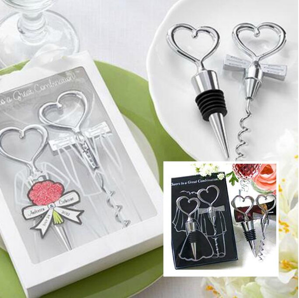 Free Ship 5 Sets Gift Box Chrome Heart Bottle Stopper & Wine bottle opener Metal corkscrew Wedding Party Bar Tool Favors Xmas Gift