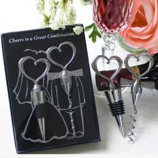 2 Pcs/Lot Great Combination Wedding Favors Chrome Heart Bottle Stopper And Wine Bottle Opener Metal Corkscrew