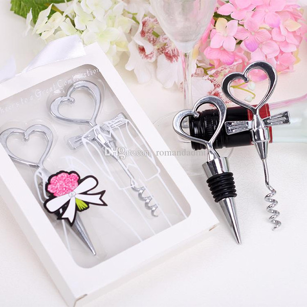 Wine Bottle opener Heart Shaped Great Combination Corkscrew and Stopper Heart-Shaped Sets Wedding Favors Gift 2pcs/set DHL 