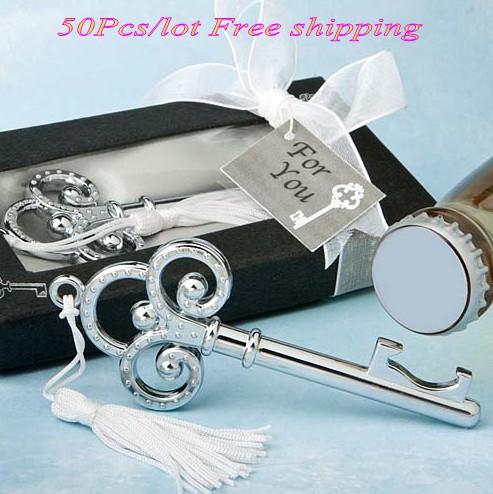 (50 Pieces/lot) Chrome wedding and event party favors of Key to My Heart Collection key design bottle opener for bridal showers