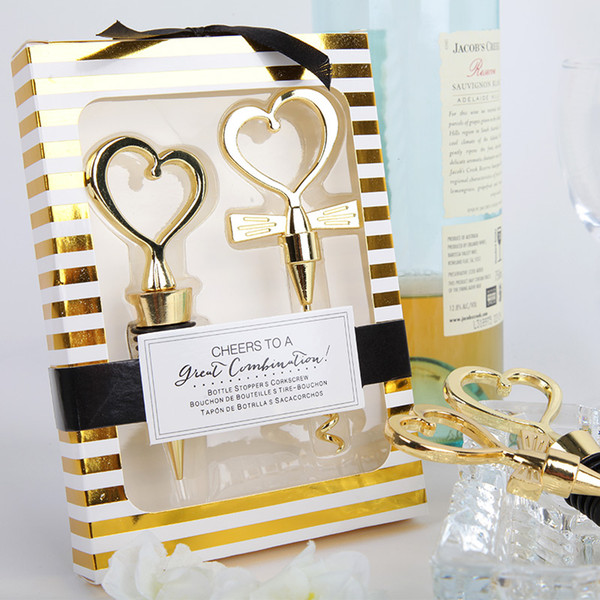 10pcs Gold Heart Wine Bottle Opener & Stopper Set with Gift box Wedding Favors Party Christmas Gift