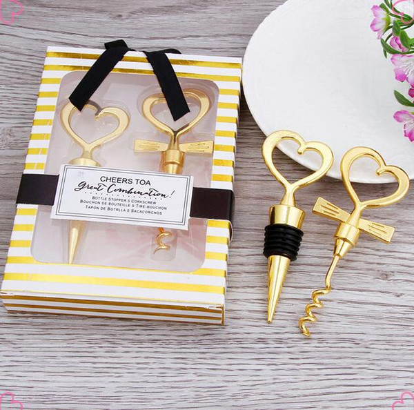2Pcs/set Love Heart Corkscrew Wine Bottle Opener Wedding Decoration Favor and Gifts Wine Bottle Stopper Gold color