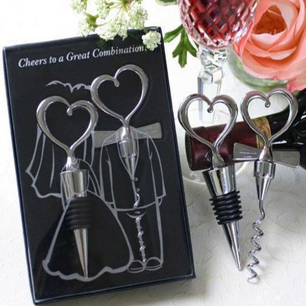 Wine Bottle opener Heart Shaped Great Combination Corkscrew and Stopper Heart-Shaped Sets Wedding Favors Gift 2pcs/set DHL 