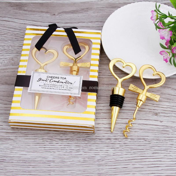 Gold Heart Shaped Wine Bottle Opener Great Combination Corkscrew and Stopper Wedding Favors Gift 2pcs/set DHL 