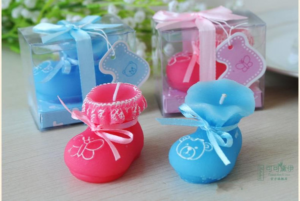 2015 New Baby Shower favor Pink & Blue Baby Shoes Candle Birthday Gifts party decorations supplies with gift box free shipping