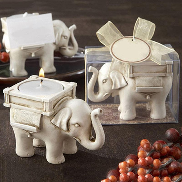 50pcs/lot Hot Sale Bridal Wedding Shower Favor Gift Ivory Fun Elephant Tea Light Candle Holder With Elegant Packaging