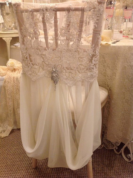 Custom Made 2017 Ivory Lace Chiffon Crystal Chair Covers Vintage Romantic Chair Sashes Beautiful Fashion Wedding Decorations