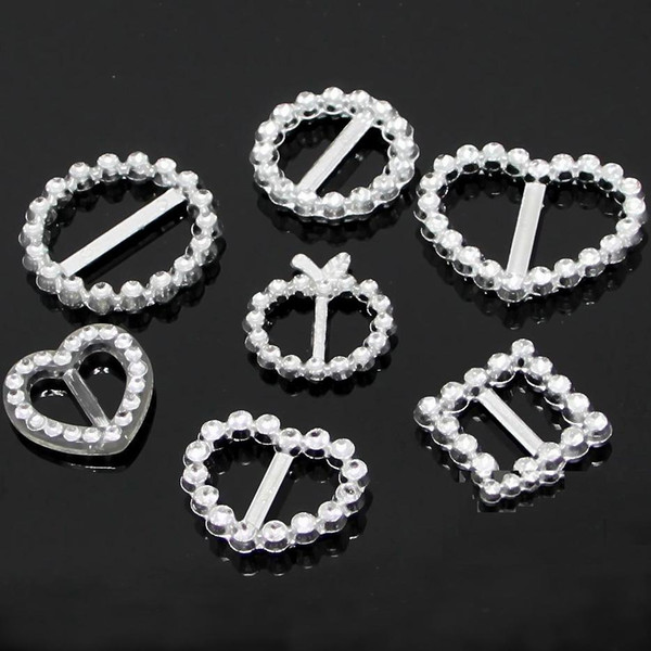 20-33mm Round Heart Square Plastic Rhinestone like Buckles Bar Invitation Ribbon Chair Card Tape Slider Sashes Bows Buckles Wedding Supplies