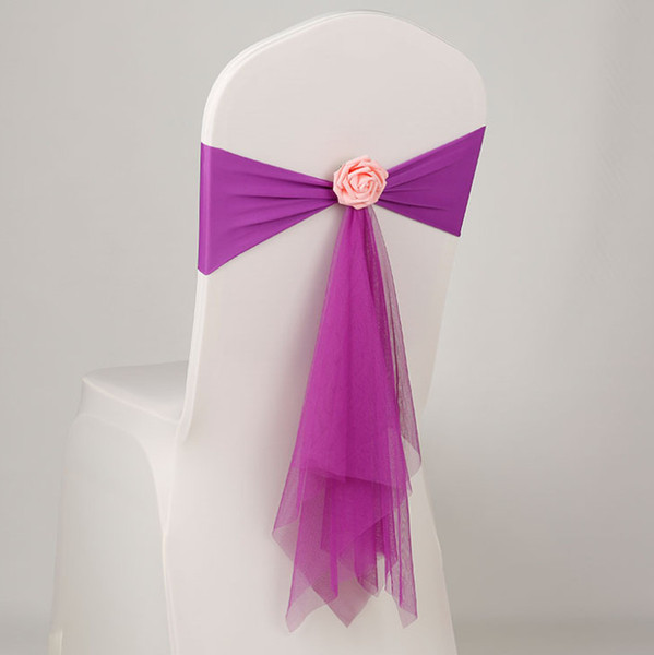 Various colour spandex sashes with rose ball artificial flower and organza chair sash wedding lycra bow tie band