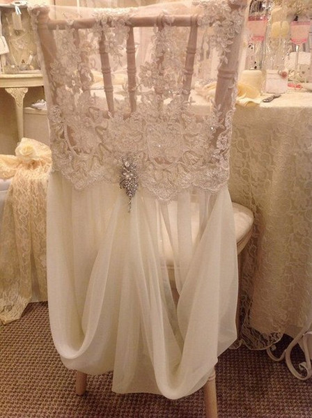 2015 Feminine Ivory Lace Crystal Beads Hand Made Romantic Chiffon Ruffles Chair Sash Chair Covers Wedding Decorations Wedding Accessories