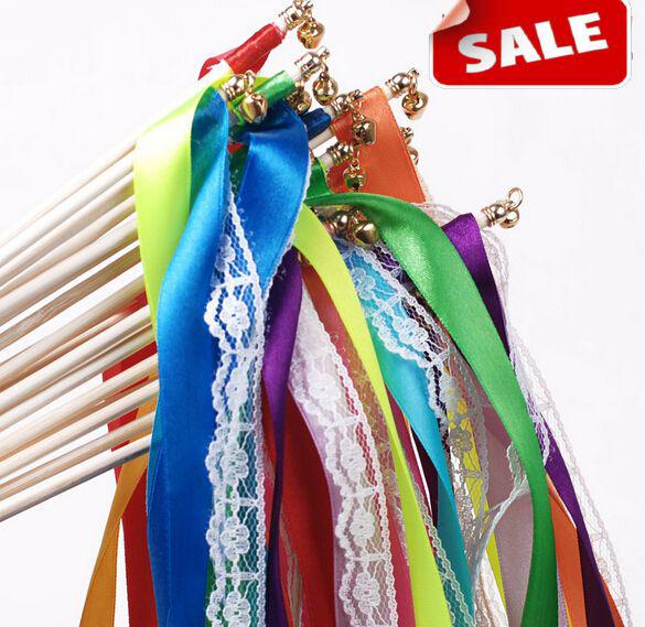 LUXURY lace ribbon streamers wedding sticks wish magic wands with bells confetti party props decoration events wedding favors supplies