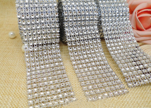 4cm*2meter Bling Diamond mesh Wrap ribbon silver Rhinestone Mesh Roll Tape Tulle Crystal Ribbon cake wedding decoration 10pcs/