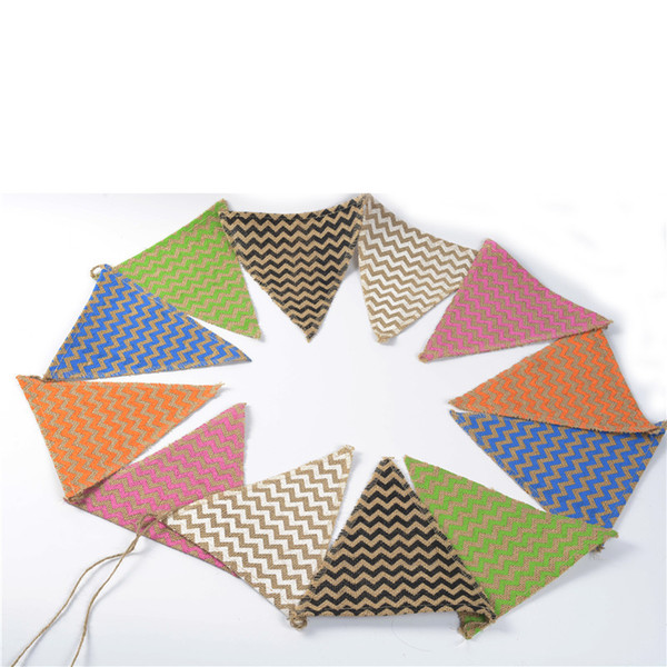 12pcs 18.5x20cm Banner Jute Burlap Flags Rustic Style For Party Birthday Festival Decoration With Colorful Wave Wedding Supplies