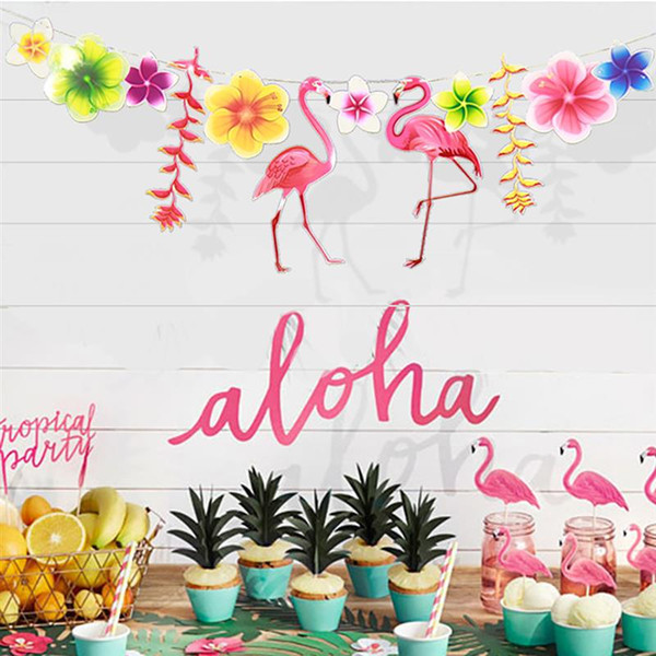 2pcs 1set Summer Aloha Beach Party Banner Paper Tassels Garland Flamingo Tree Leaves Cup Holder Bridal Shower Hen Party Supplies