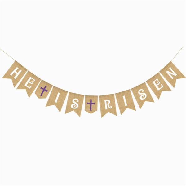 2.8 Meters Easter Banners HE IS RISEN and Cross Printed Burlap Bunting Banner Party Photo Props Garland For Easter Decorations