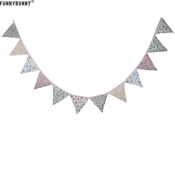 FUNNYBUNNY Triangle Pennant Flags Vintage Bunting Floral Cotton Banner Kit Garland