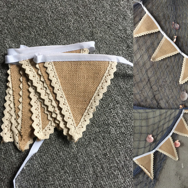 Hot Arrival Rustic Wedding Decoration Flag Garland Wedding Burlap Lace Banners With White Ribbon Party Decorations White flags