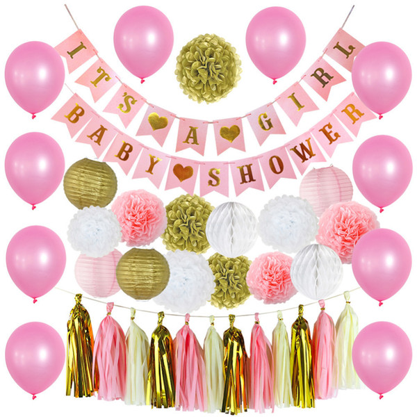 39pcs/set Pink Its A Girl BABY SHOWER Decoration Set Banner White Tissue Paper Tassel Garland Girl's Birthday Party Supplies