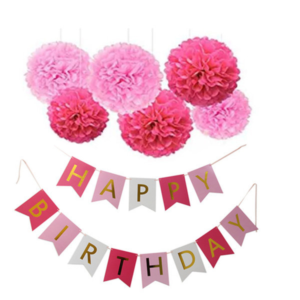 wholesale Birthday Decor Paper Flower Ball Tassels Boy Girl Happy Birthday Banner Decor Baby Shower Kids Perfect Party Supplies