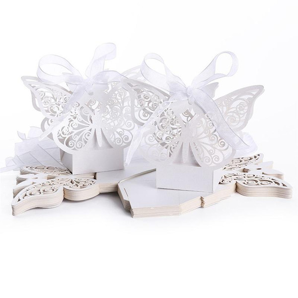 50pcs Hollow Big Butterfly Style Wedding Favor Candy Boxes Gift Boxes with Ribbons (White)