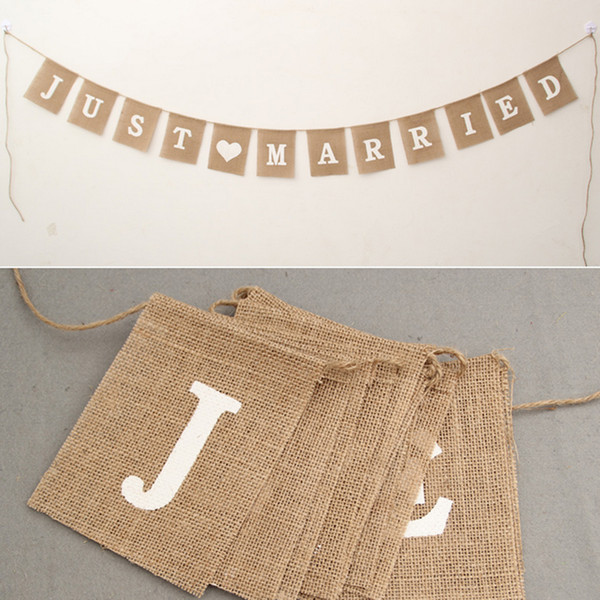 Wedding Decorative Banner Linen JUST MARRIED Banner Party Decor Photo Backdrop with Rope - Brown + White
