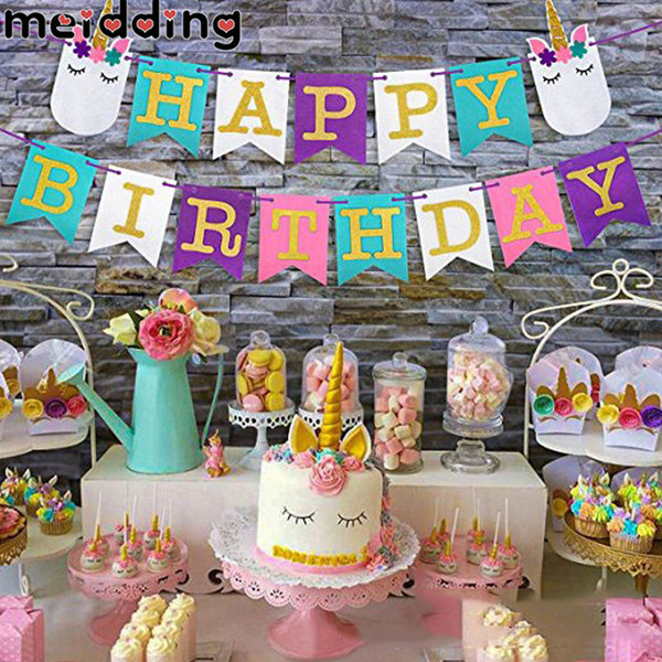 wholesale 1Set Unicorn Party Backdrop Banners Birthday Party Garland Bunting Flags Baby Shower Kids Party Decoration Supplies