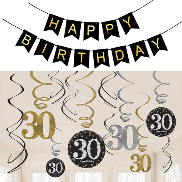 wholesale Birthday Party Decoration Kit Happy Birthday Black Banner Sparkling Celebration 30 40 50 60th Birthday Hanging Swirls