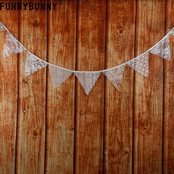 FUNNYBUNNY Flag Banner White Lace Cotton Fabric Bunting Pennant Garland Wedding Decorations