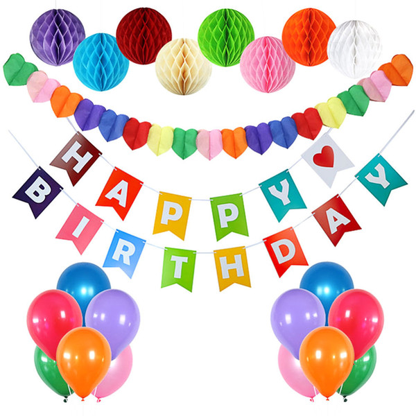 22pcs Colorful HAPPY BIRTHDAY Banner Sets 8pcs Honeycomb 1pc happy birthday Paper Banner 12pcs Ballons Party Decoration Supplies