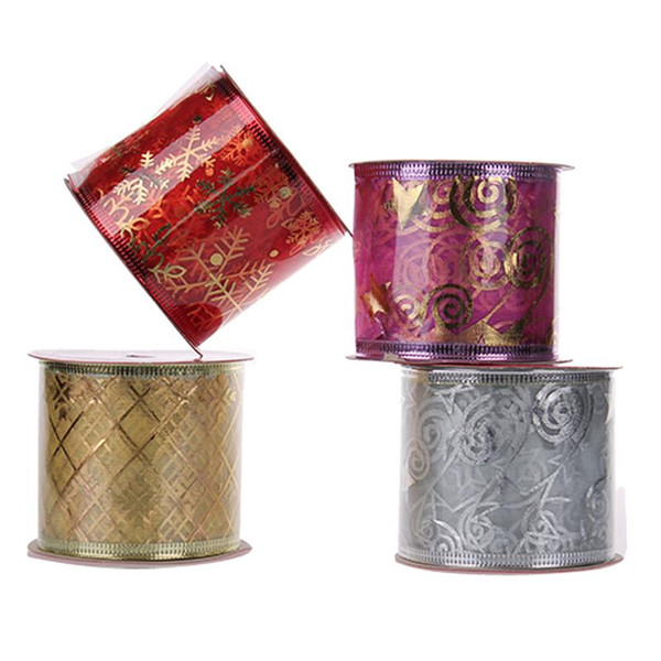 wholesale 4 Rolls Christmas Ribbon Streamers Glitter Printed Gift Wrapping DIY Craft Party Decoration For Christmas Tree Decor