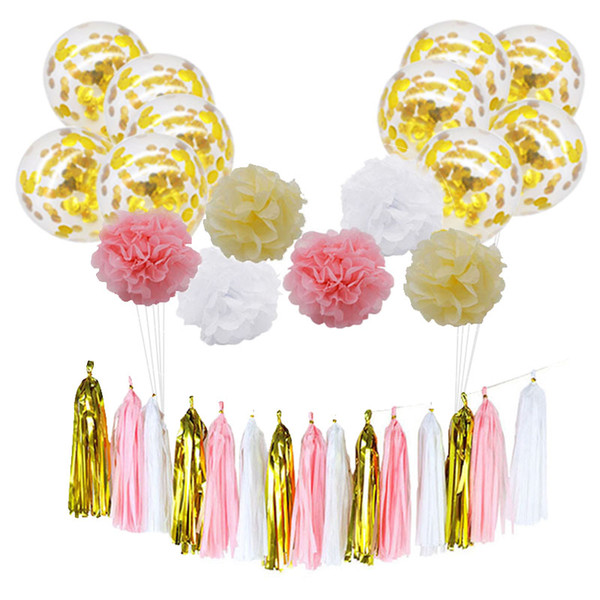 Tissue Paper Banners Happy Birthday Bunting Garland Pompom Ball Latex Balloons Baby Shower Birthday Wedding Party Decoration