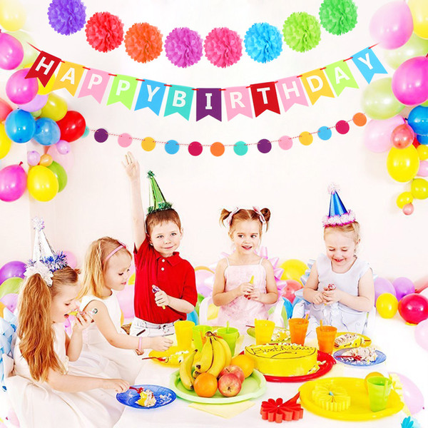 Colorful Birthday Party Decoration Supplies Happy Birthday Banner Tissue Pom Poms Garland Circle Dots Balloons for Party Supply