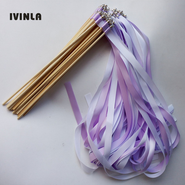 50pcs/lot purple wedding ribbon wands with sliver bell ribbon Twirling Streamers wedding ribbon stick for wedding