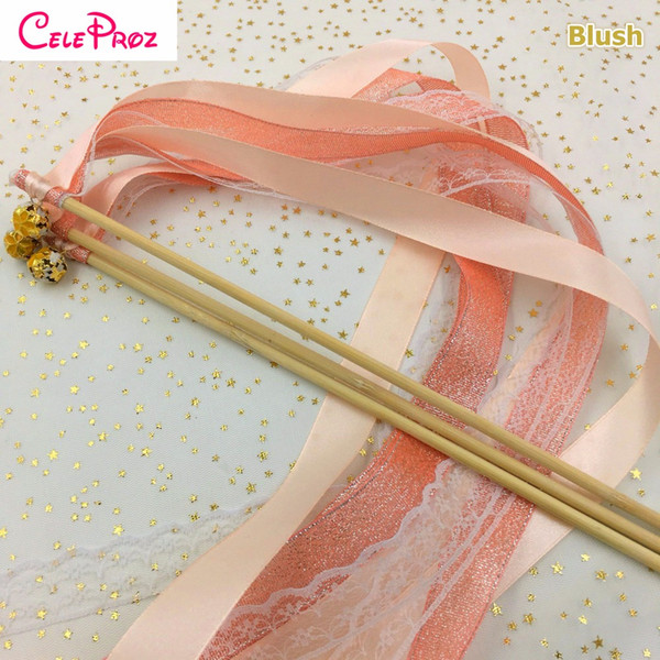 Blush Champagne Wedding Ribbon Wands Silk ribbon Lace Streamer Fairy Stick With Bells Birthday Ribbon Wands Wedding Photo Props