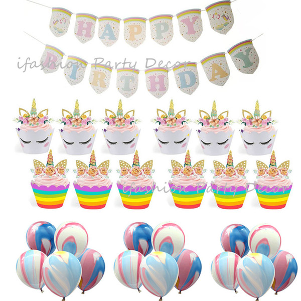 Unicorn Party Supplies&Birthday Party Decorations Happy Birthday Unicorn Banner Marble Balloon Unicorn Cupcake Wrappers&Toppers