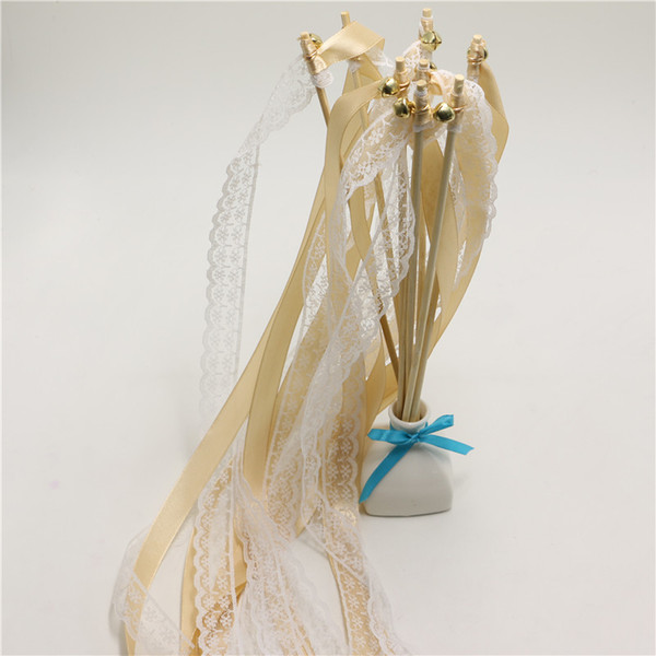 50pcs of Champagne white LACE Wedding Ribbon Wands Wedding Confetti Twiring Stream Ribbon Sticks Wands with Bells