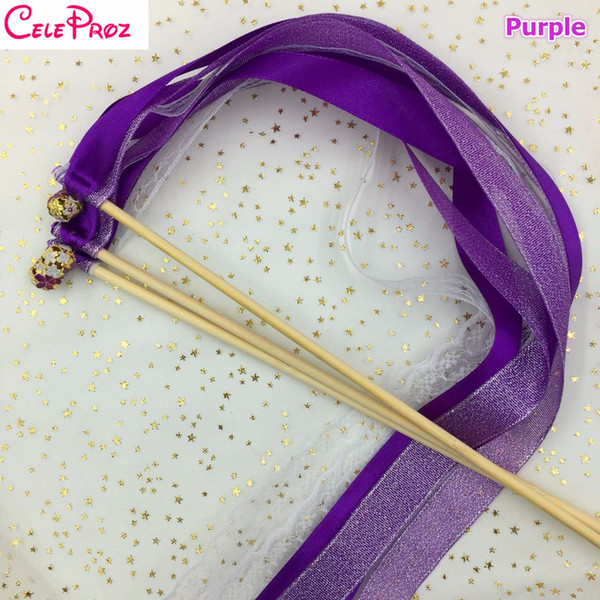 Purple Voilet Wedding Glitter Ribbon Wands Lace Fairy Sticks With Bells Birthday Ribbon Wands Wedding Photo Props Party Supply