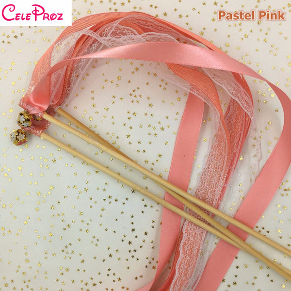 Pastel Pink Wedding Glitter Ribbon Wands Lace Fairy Sticks With Bells Birthday Ribbon Wands Wedding Photo Props Party Supply