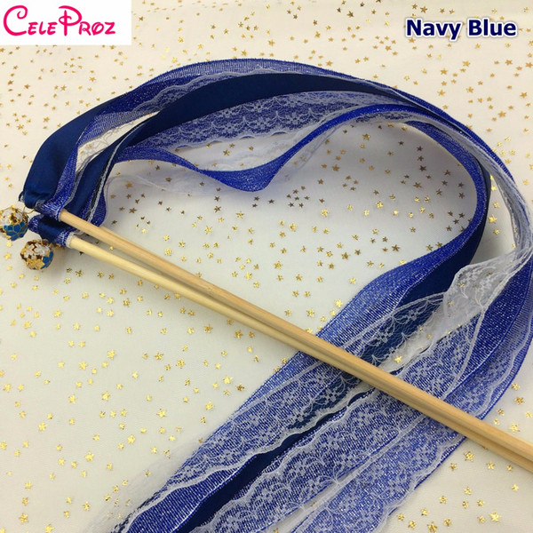 Navy Dark Blue Wedding Glitter Ribbon Wands Lace Fairy Sticks With Bells Birthday Ribbon Wands Wedding Photo Props Party Supply