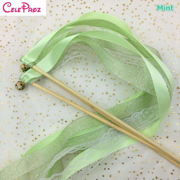 Mint Green Wedding Glitter Ribbon Wands Lace Fairy Sticks With Bells Birthday Ribbon Wands Wedding Photo Props Party Supply