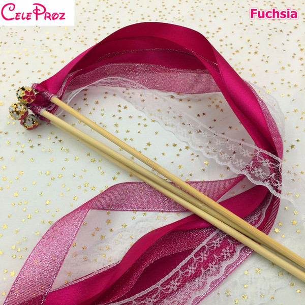 Fuchsia Pink Wedding Glitter Ribbon Wands Lace Fairy Sticks With Bells Birthday Ribbon Wands Wedding Photo Props Party Supply