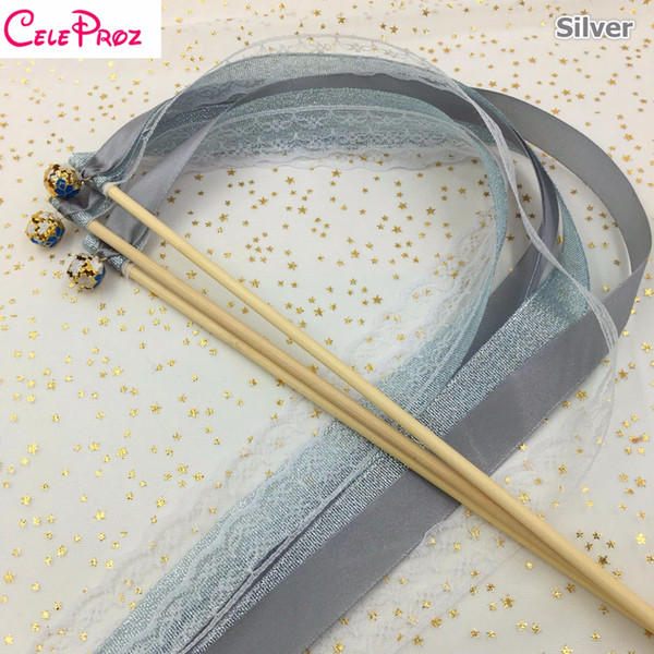 Silver Grey Wedding Glitter Ribbon Wands Lace Fairy Sticks With Bells Birthday Ribbon Wands Wedding Photo Props Party Supply