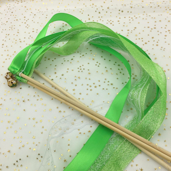 Apple Green Wedding Ribbon Wands Glitter ribbon Lace Streamer Fairy Stick With Bells Birthday Ribbon Wands Wedding Photo Props