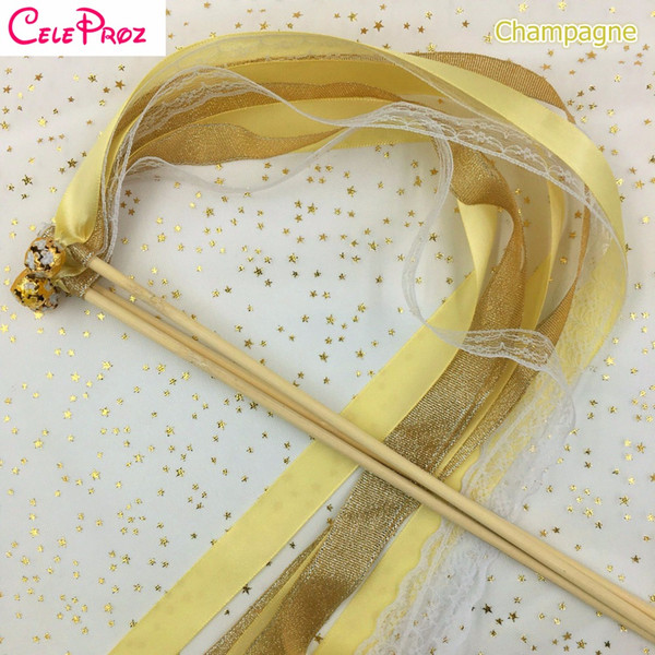 Champagne Pale Golden Wedding Ribbon Wands Glitter ribbon Lace Fairy Stick With Bells Birthday Ribbon Wands Wedding Photo Props