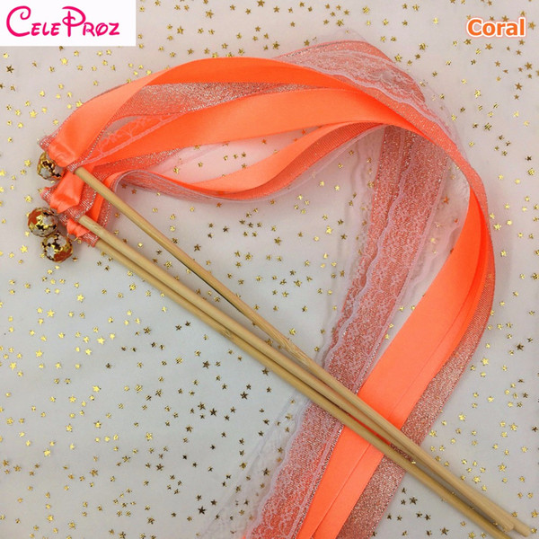 Peach Coral Wedding Glitter Ribbon Wands Lace Fairy Sticks With Bells Birthday Ribbon Wands Wedding Photo Props Party Supply