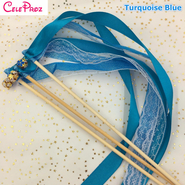 Turquoise Azure Blue Glitter Ribbon Wands Lace Fairy Sticks With Bells Birthday Ribbon Wands Wedding Photo Props Party Supply