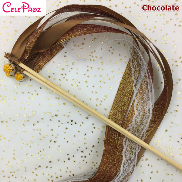 Chocolate Brown Wedding Glitter Ribbon Wands Lace Fairy Sticks With Bells Birthday Ribbon Wands Wedding Photo Props Party Supply